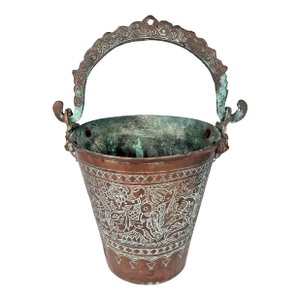 Antique Copper Bucket Lion Mounts Indian Kashmir Mughal Warrior Horses Verdigris