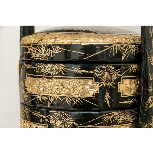 Antique Chinese Black Lacquered Three-Tiered Wedding Basket For Sale In New York - Image 6 of 11