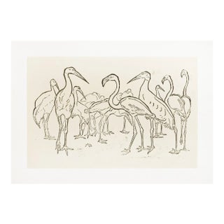 Storks and Flamingos - Original Woodcut by Unknown French Artist Early 1900 For Sale