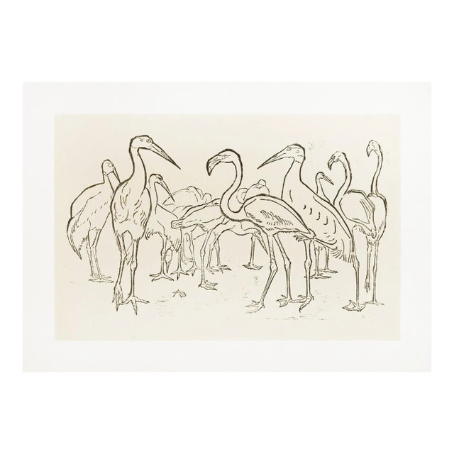 Storks and Flamingos - Original Woodcut by Unknown French Artist Early 1900 For Sale