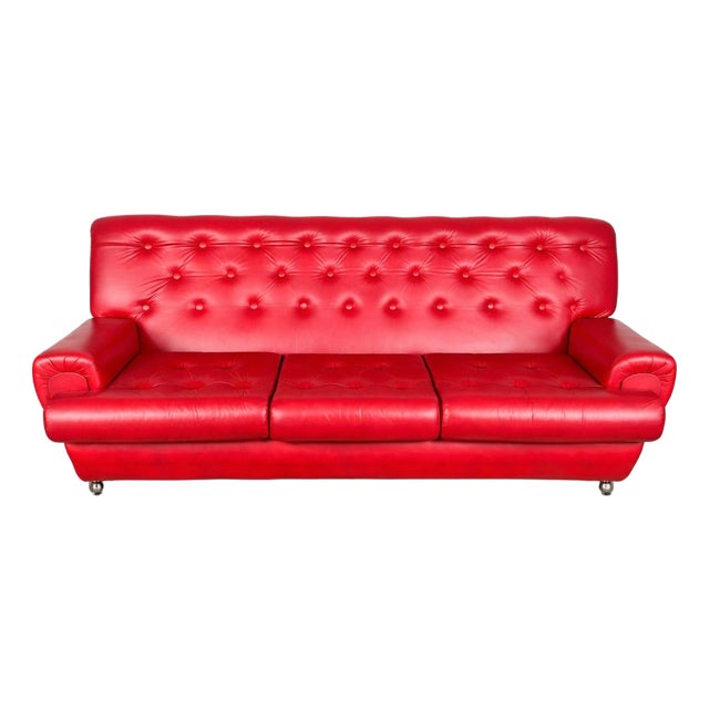 Vintage Three-Seater Sofa in Red Leather For Sale