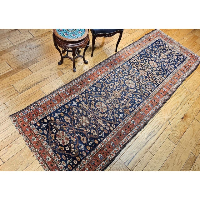 Antique Persian Farahan Sarouk Runner, Hand-Knotted Wool, All-Over Geometric Pattern, Navy & Rust, 4x10 For Sale - Image 4 of 16