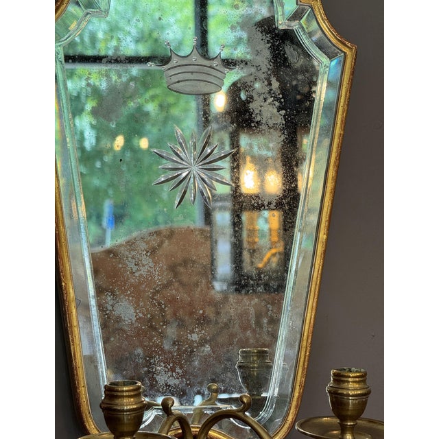 Pair of 20th Century Italian Giltwood Etched Mirror Two-Light Sconces For Sale - Image 6 of 8
