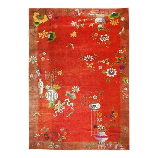 1920s Red Field Modern Floral Antique Chinese Knotted Wool Art Deco Carpet Rug For Sale