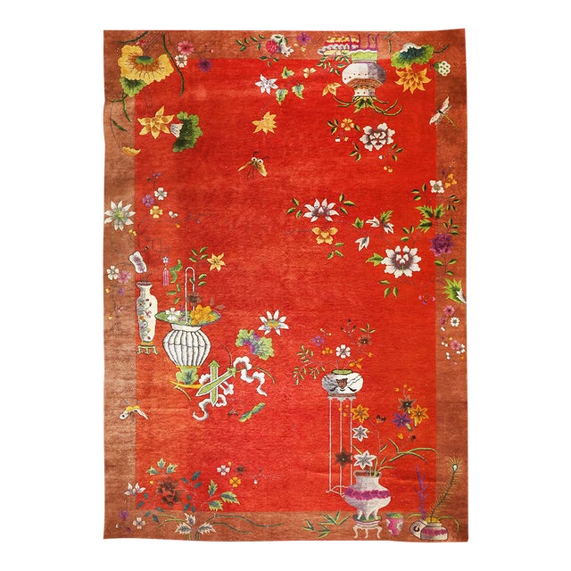 1920s Red Field Modern Floral Antique Chinese Knotted Wool Art Deco Carpet Rug For Sale