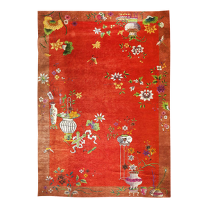 1920s Red Field Modern Floral Antique Chinese Knotted Wool Art Deco Carpet Rug
