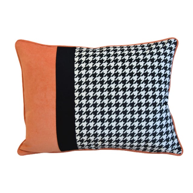 Hermés-Orange, Black & Houndstooth Velvet Feather/Down Pillows 24" X 18" - Pair For Sale - Image 4 of 8