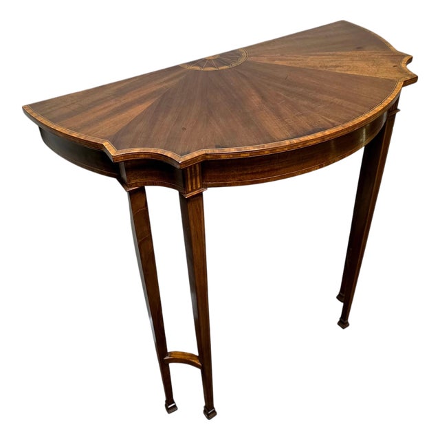 American Federal Inlaid Mahogany Wall-Mounted Demi-Lune Pier Table With Radiating Fan Inlay and Stringing, Circa 1800 For Sale