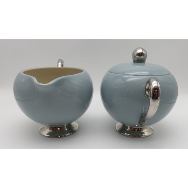 Vintage Flintridge China California Blue W Platinum Borders Lidded Sugar Bowl & Creamer For Sale - Image 4 of 8