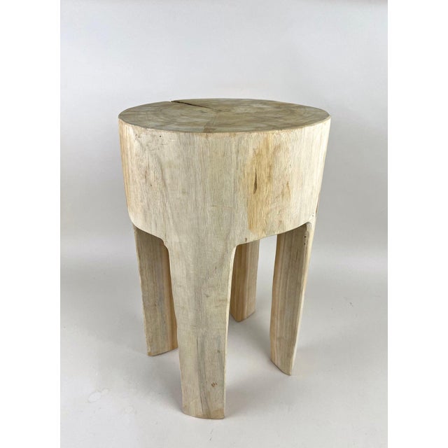 Rustic Handcarved Teak Wood Side Table in Bleached For Sale - Image 4 of 13
