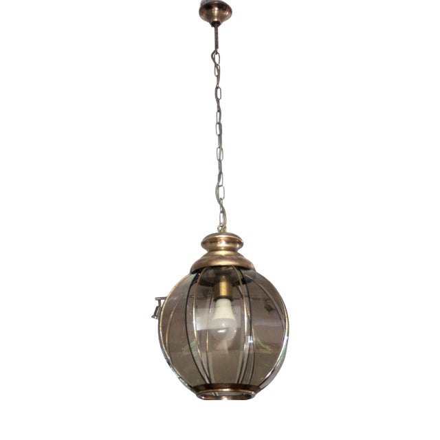 Mid-Century Modern Italian Brass Pendant Light with Smoked Glass, 1970s For Sale