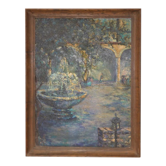 Mid Century Illuminated Fountain at Dusk Oil Painting by Ione Smith C.1967 For Sale