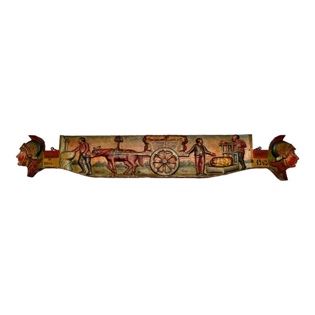 Outstanding Large Antique Hand Carved & Beautifully Painted Wood Italian Sicilian Donkey Cart Relic Fragment - 36 Inches Long For Sale