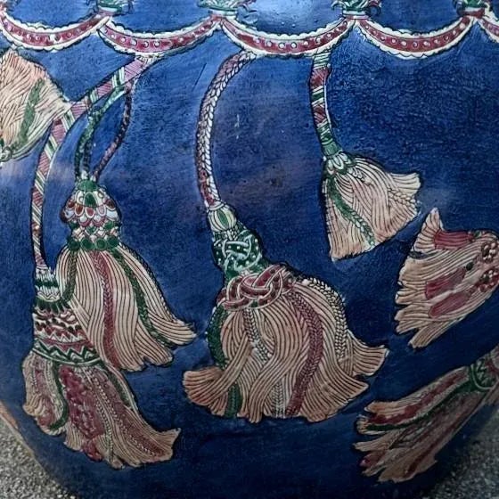 Chinoiserie Vintage Chinoiserie Porcelain Koi Fish Bowl in Blue With Multi-Colored Tassel Design For Sale - Image 3 of 6
