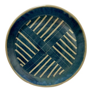 Vintage Studio Art Pottery Blue Geometric Striped Stoneware Platter 12" Signed For Sale