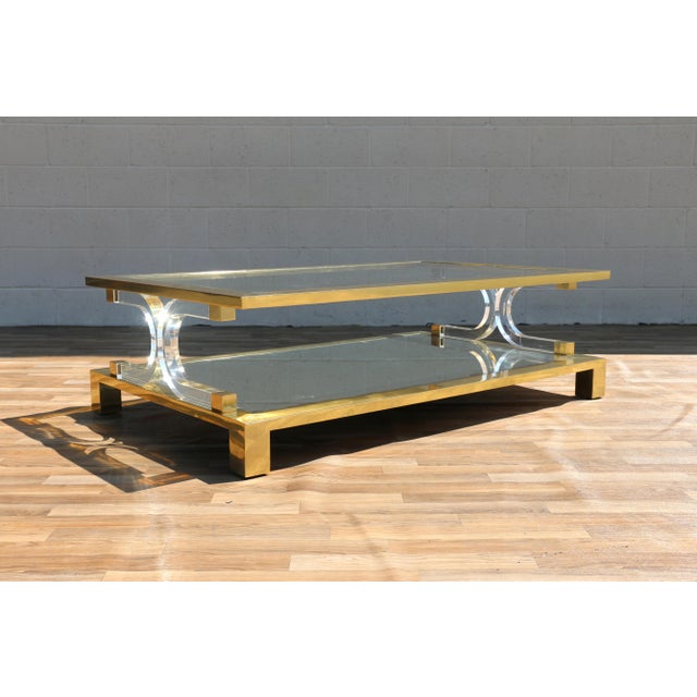 Vintage 1970s Hollywood Regency Brass Lucite & Glass Two-Tier Coffee Table For Sale - Image 12 of 18