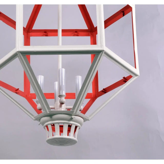 Vintage Hexagon Tole Lantern Chandelier With Crown on Top. 4 Cluster to Hold the Bulb, Two Tone Orange/White For Sale In New York - Image 6 of 10