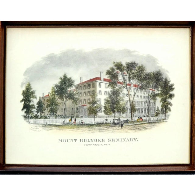 Original Currier and Ives Hand Colored Print, 19th Century, Framed. Description: Title: "Mount Holyoke Seminary" Signed in...
