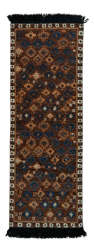 Handknotted Rich Brown and Gold Folk Rug, 2'x8'