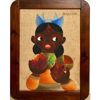 Jose Maria de Servin, Folk Art Mexican Girl Oil Painting on Burlap Charming Naive African American Art For Sale