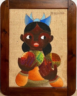 Jose Maria de Servin, Folk Art Mexican Girl Oil Painting on Burlap Charming Naive African American Art