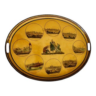Large Antique French Empire Yellow Oval Tole Tray - Early 19th-Century For Sale