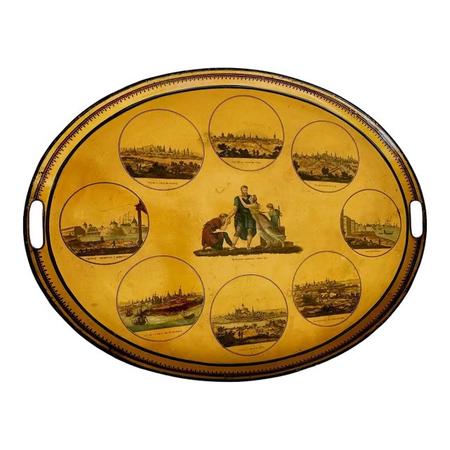 Large Antique French Empire Yellow Oval Tole Tray - Early 19th-Century For Sale