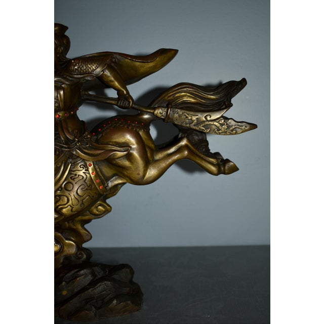 Vintage Solid Bronze Chinese Warrior Figure on Horse W/Jewels For Sale - Image 4 of 12