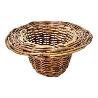 Vintage Pedestal Rattan Basket Planter With Flared Rim – Boho Wicker Footed Bowl Centerpiece For Sale