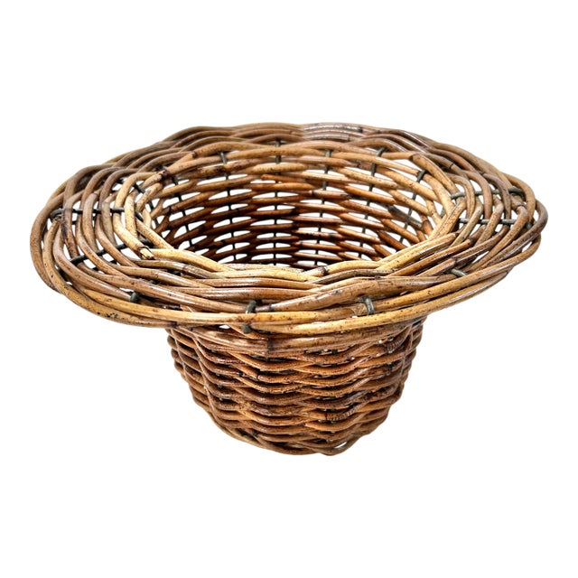 Vintage Rattan Pedestal Basket – Boho Wicker Footed Bowl, Planter or Centerpiece For Sale