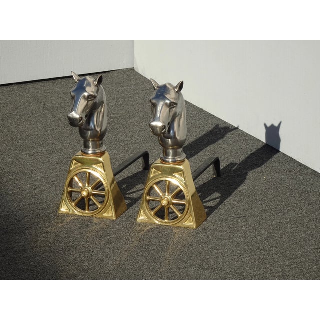 Nautical Gold Brass and Silver Cast Iron Horse Equestrian Andirons - a Pair For Sale - Image 3 of 13