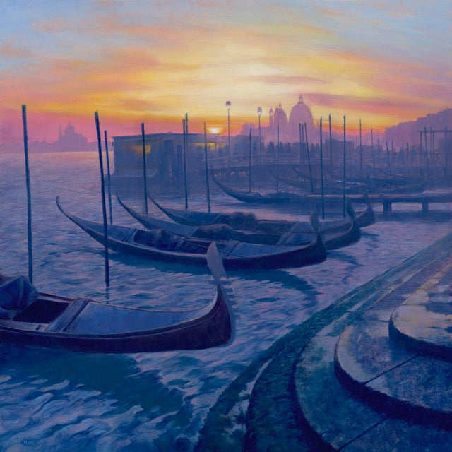 San Zaccaria by Mark Harrison | Oil on Board Painting of gondolas at sunset in Venice For Sale