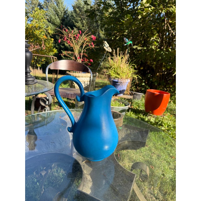 Vintage Farmhouse Portuguese Glazed Terracotta Ewer Blue Pitcher For Sale - Image 9 of 9