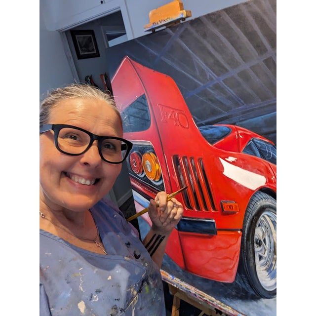 Realism After Hours (1990 Ferrari F40) by Shan Fannin | Acrylic on Canvas Red Ferrari F40 in a garage setting For Sale - Image 3 of 3