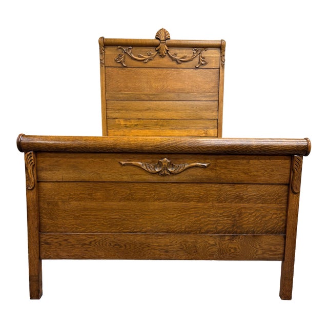 Antique Full Size Victorian Eastlake Carved Oak High Back Bed For Sale