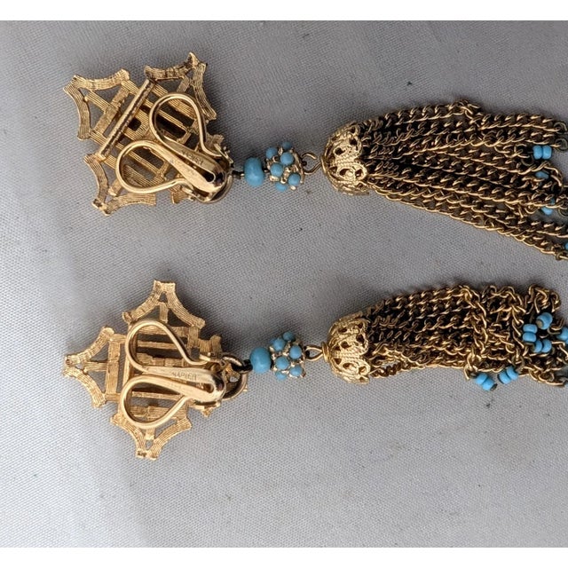 Metal Vintage 1960s Signed Napier Goldtone Faux-Turquoise Tassel Clip Earrings-2 Pieces For Sale - Image 7 of 7