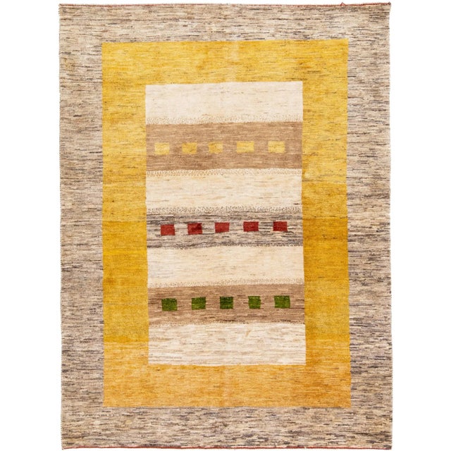 Modern Persian Gabbeh Handmade Designed Brown and Yellow Wool Rug For Sale - Image 10 of 10