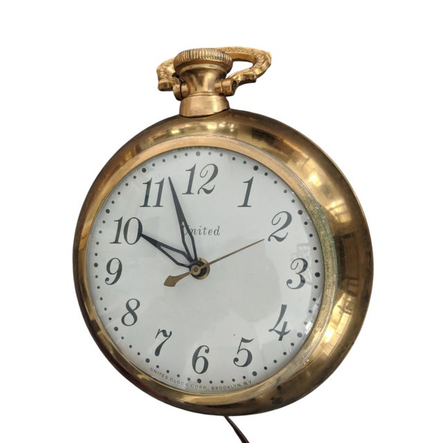 Active, Working (Tested) Vintage Brass Oversized Pocket Watch Style Electric Clock Made by United Clock Corp. in Brooklyn,...