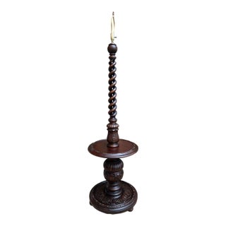 Antique English Carved Oak Floor Lamp Open Barley Twist W Round End Table C1920 For Sale