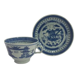 Antique Blue and White Chinoiserie Canton Cup and Saucer