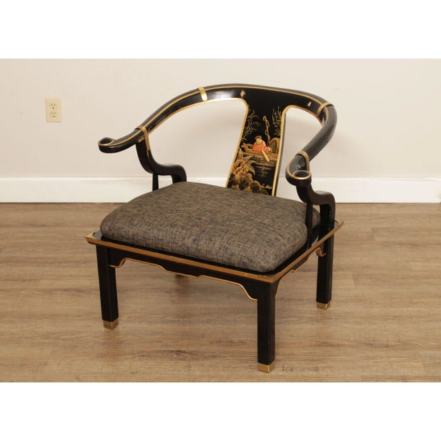 1980s 1980s Chinoiserie Decorated Black Lacquer Horseshoe Armchairs - A Pair For Sale - Image 5 of 13