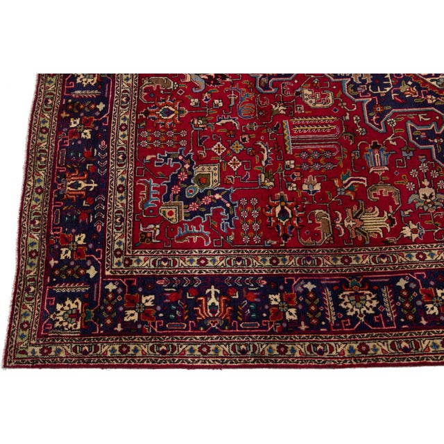 1960s Vintage Persian Tabriz Handmade Medallion Red Wool Rug For Sale - Image 4 of 8