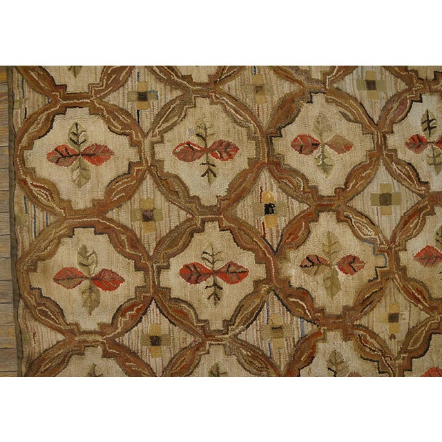 1890s Beige Floral Rustic Folk Art Antique American Hooked Rug 5'4" X 6'4" Handknotted Wool Carpet For Sale - Image 4 of 5
