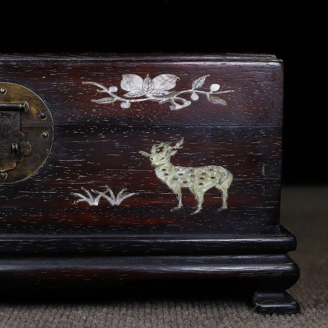 Chinoiserie Dark Hardwood Storage Chest, Mother-of-Pearl Shell Inlay, Mandarin Ducks & Deer, Chinoiserie Decorative Treasure Box ## Dimensions For Sale - Image 3 of 10