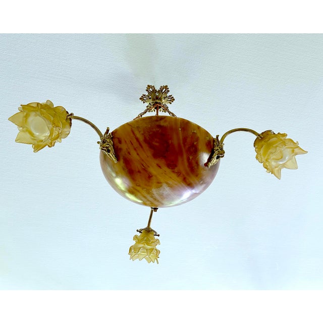Art Deco Pendant Light in Alabaster Marble and Bronze, 1930s For Sale - Image 4 of 18