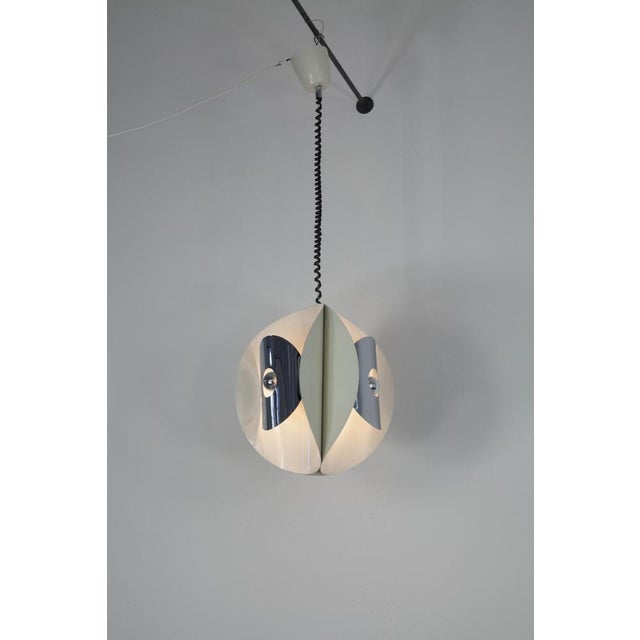 Italian Space Age Hanging Lamp with White Painted, Metal & Chrome Shields, 1970s For Sale - Image 6 of 18