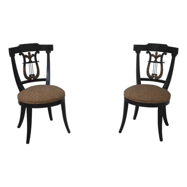 Pair Lyre Back Black Finish Occasional Chairs For Sale