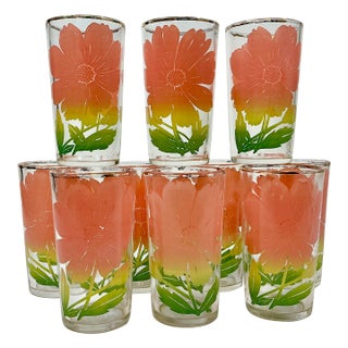 1950s Vintage Americana Boho Chic Federal Glass Company Coral Daisy Glassware -Set of 8 For Sale
