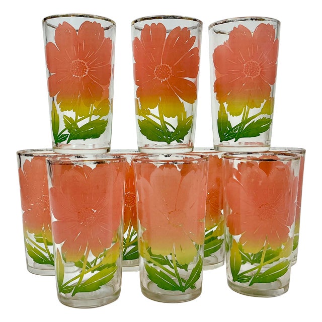 1950s Vintage Americana Boho Chic Federal Glass Company Coral Daisy Glassware -Set of 8 For Sale
