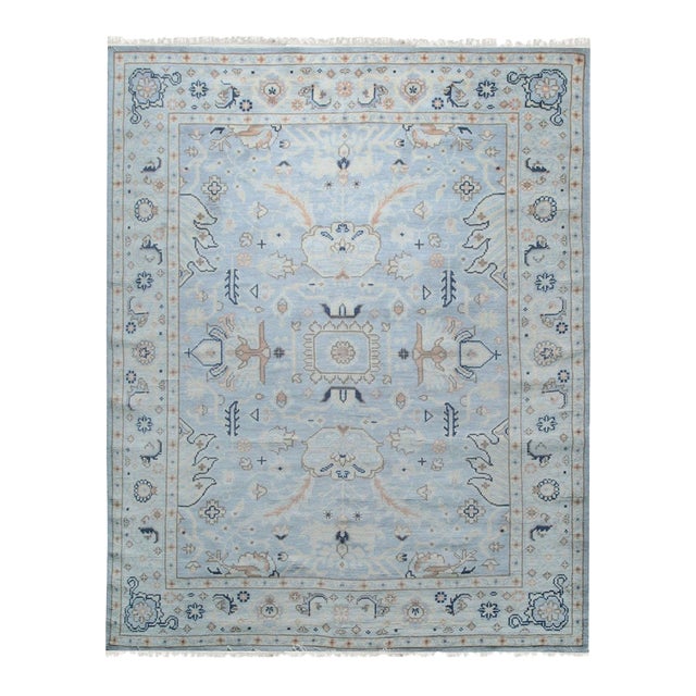 10x14 Light Blue Oushak Hand-Knotted Wool Rug For Sale
